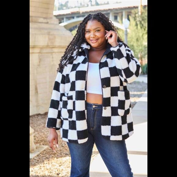 Double Take Full Size Checkered Button Front Coat with Pockets - Picture 7 of 9